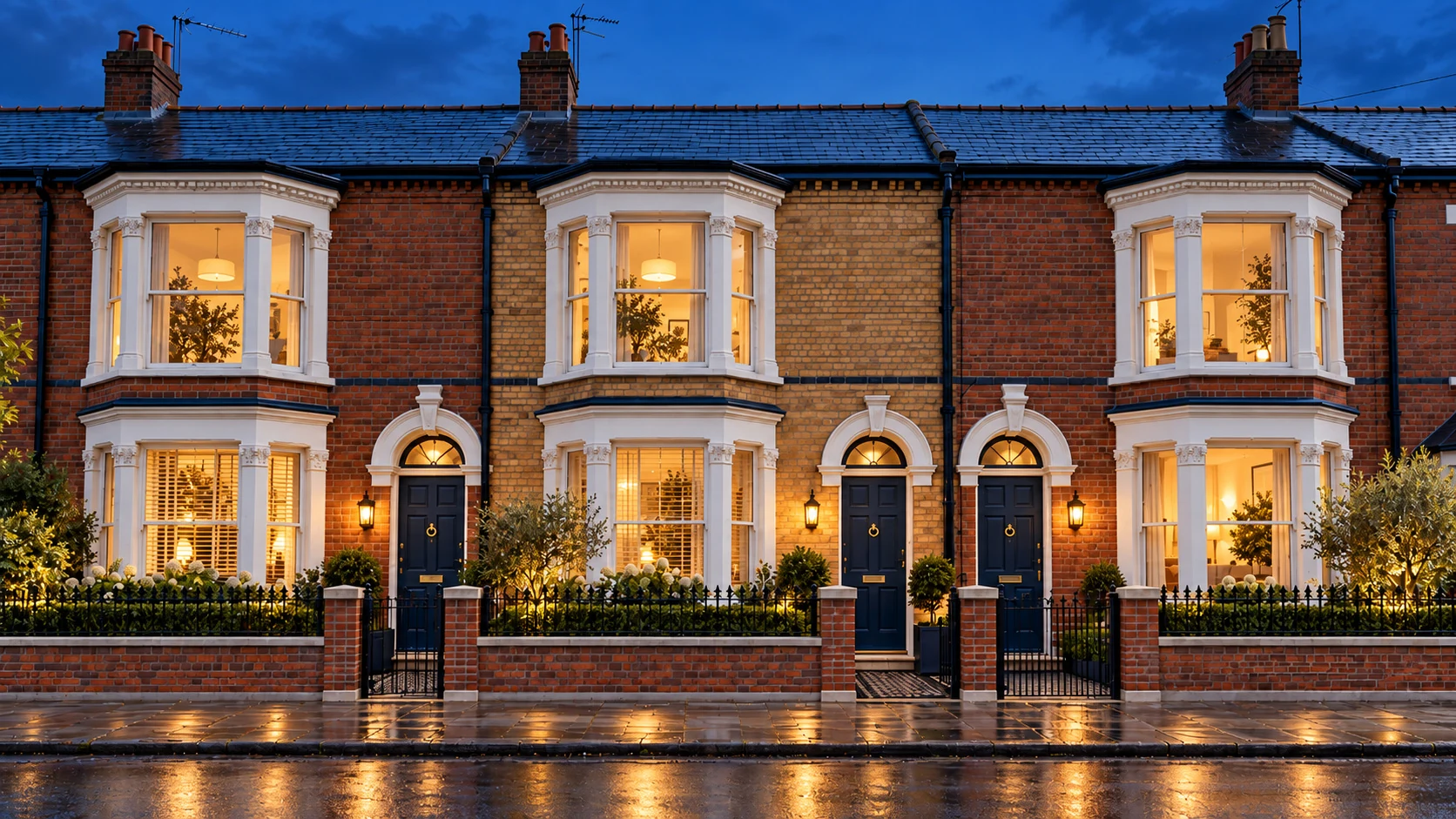 The restored houses with warm lights on at dusk